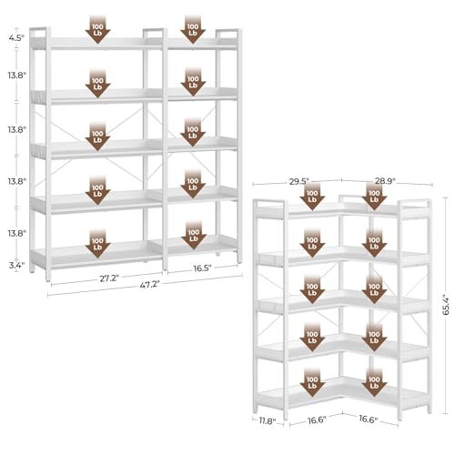 Rustic Brown 5 Tier Corner Bookshelf with Metal Frame B3218
