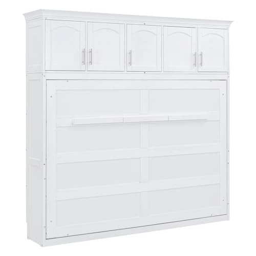 White Full Size Foldable Wall Bed with Storage Cabinet U5691