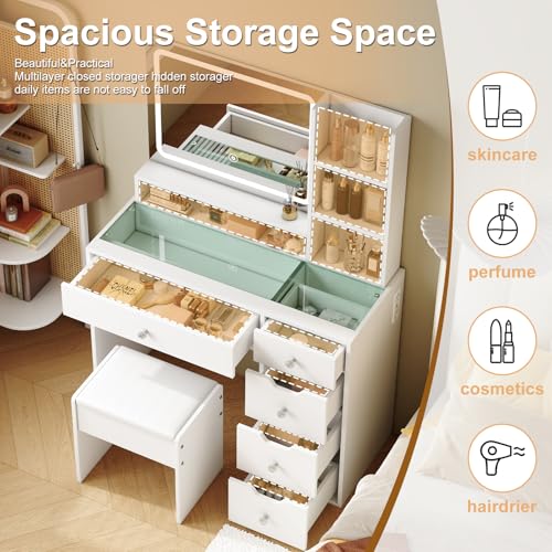 White Vanity Desk with Mirror and LED Lights, 5 Drawers, Stool T449769