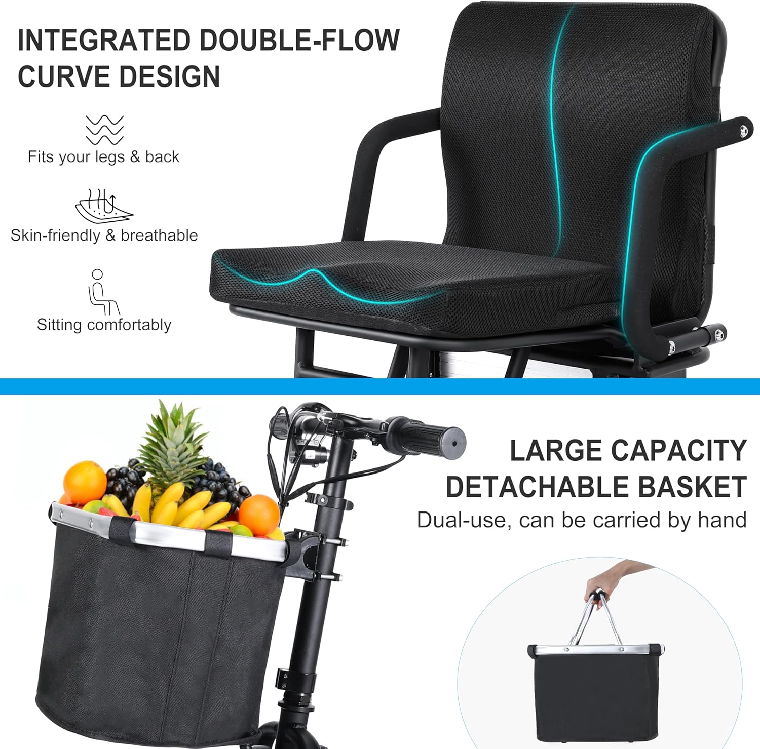 3 Wheel Electric Scooter Lightweight Folding Powered Mobility Scooter with Ergonomic Seat and Removable Battery Black L9638