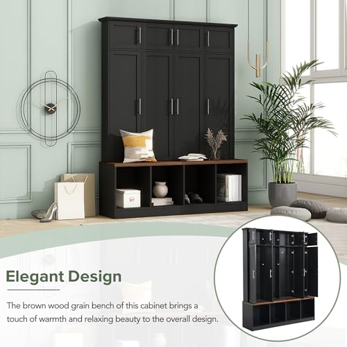 White 4 Shelves 8 Cabinets Hall Tree Coat Rack with Bench R93386