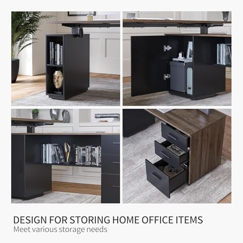 63" L Shaped Electric Height Adjustable Standing Desk with File Cabinet, Black Walnut A385