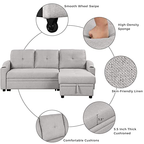80.3" Linen Fabric Pull Out Sofa Bed with Storage Chaise Q51521