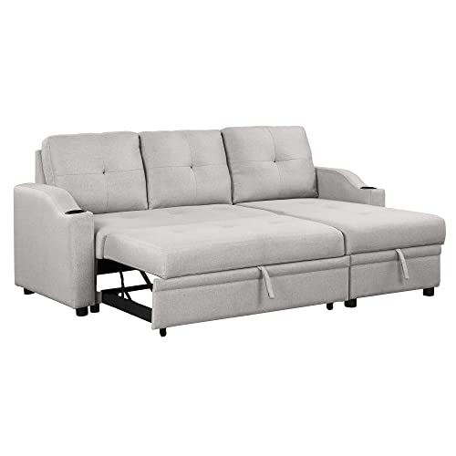 80.3" Linen Fabric Pull Out Sofa Bed with Storage Chaise Q51521
