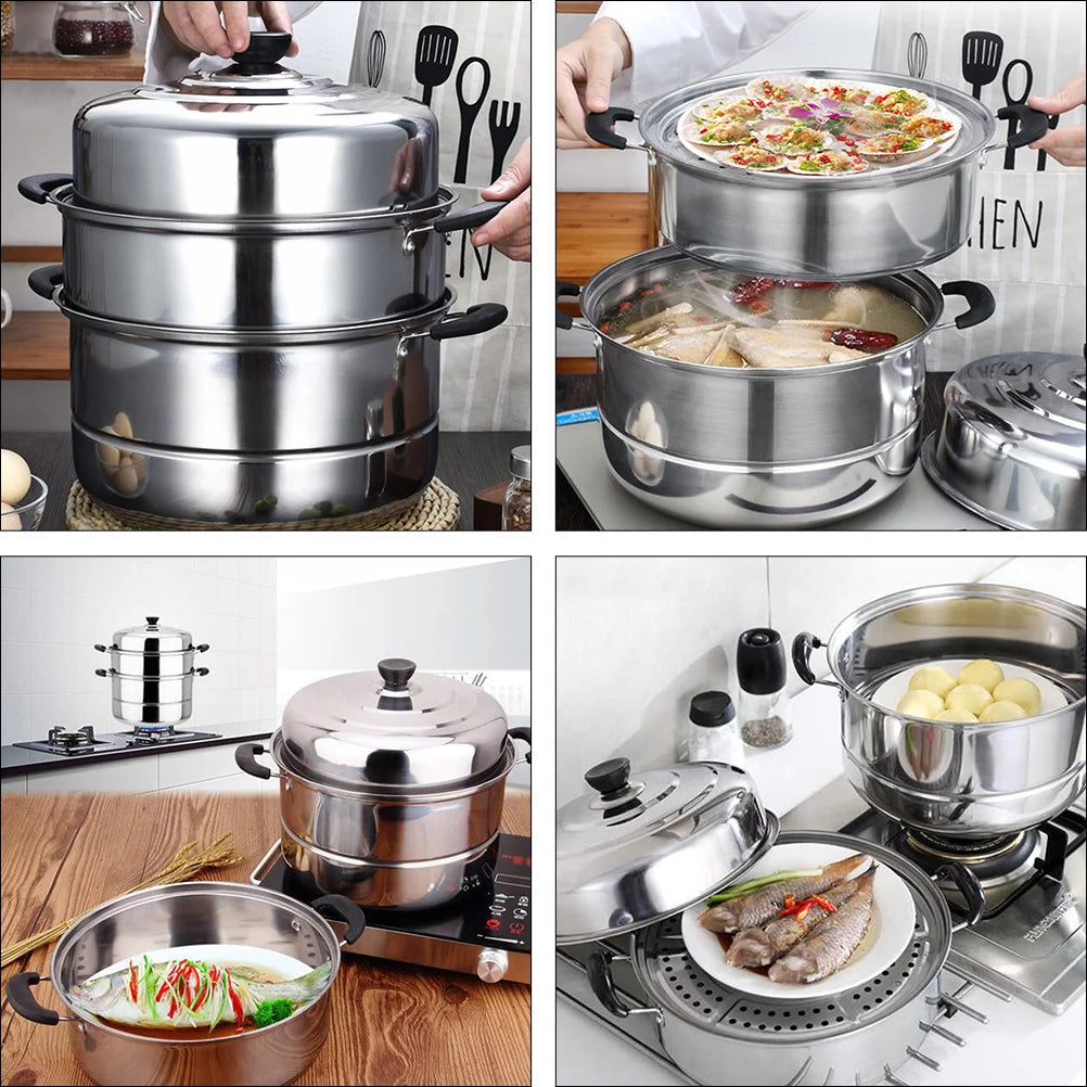 1pc Stainless Steel Three Layers Steamer Pot X69693