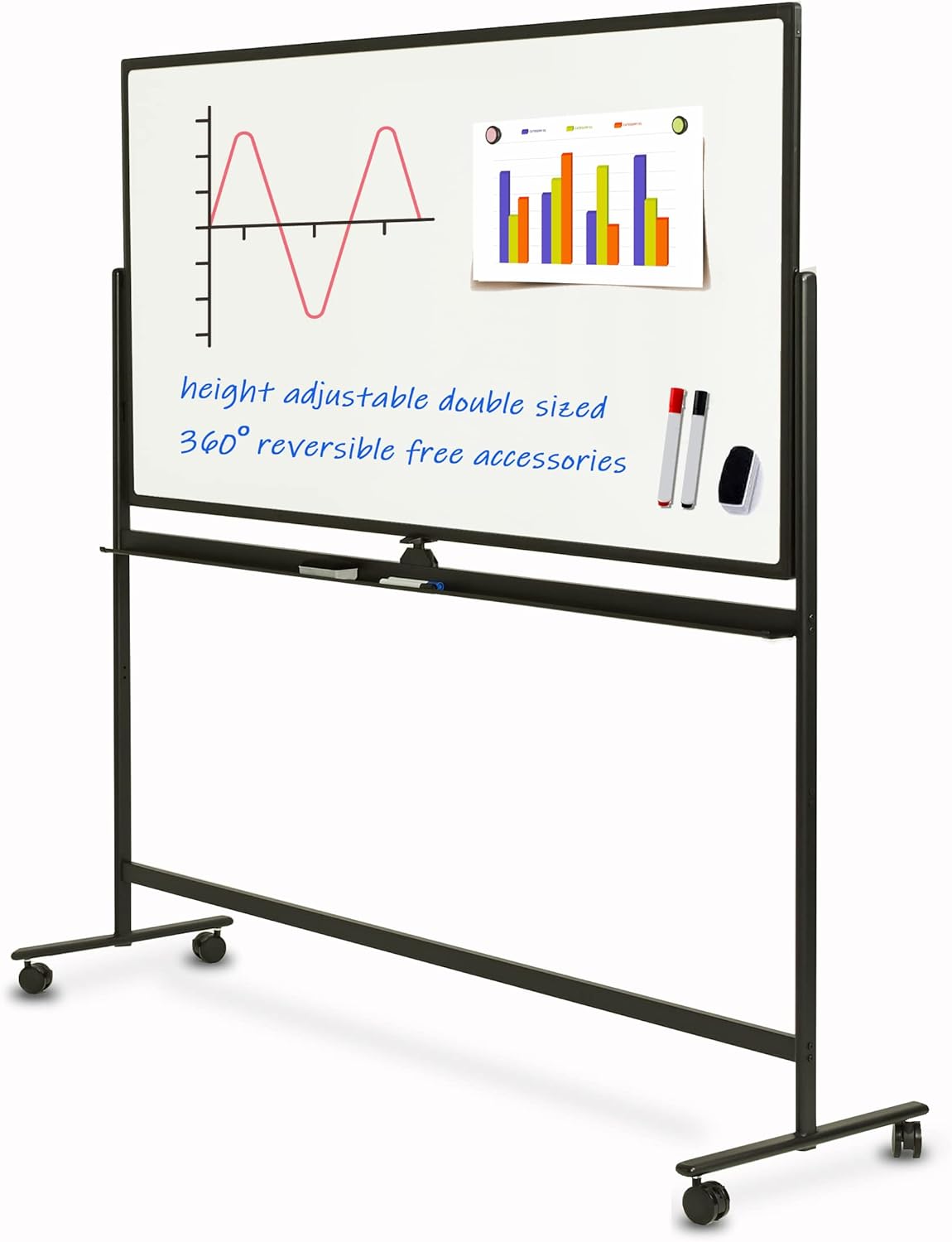 Mobile Double Sided Whiteboard 36 x 71 Inches with Aluminum White Frame Y9675