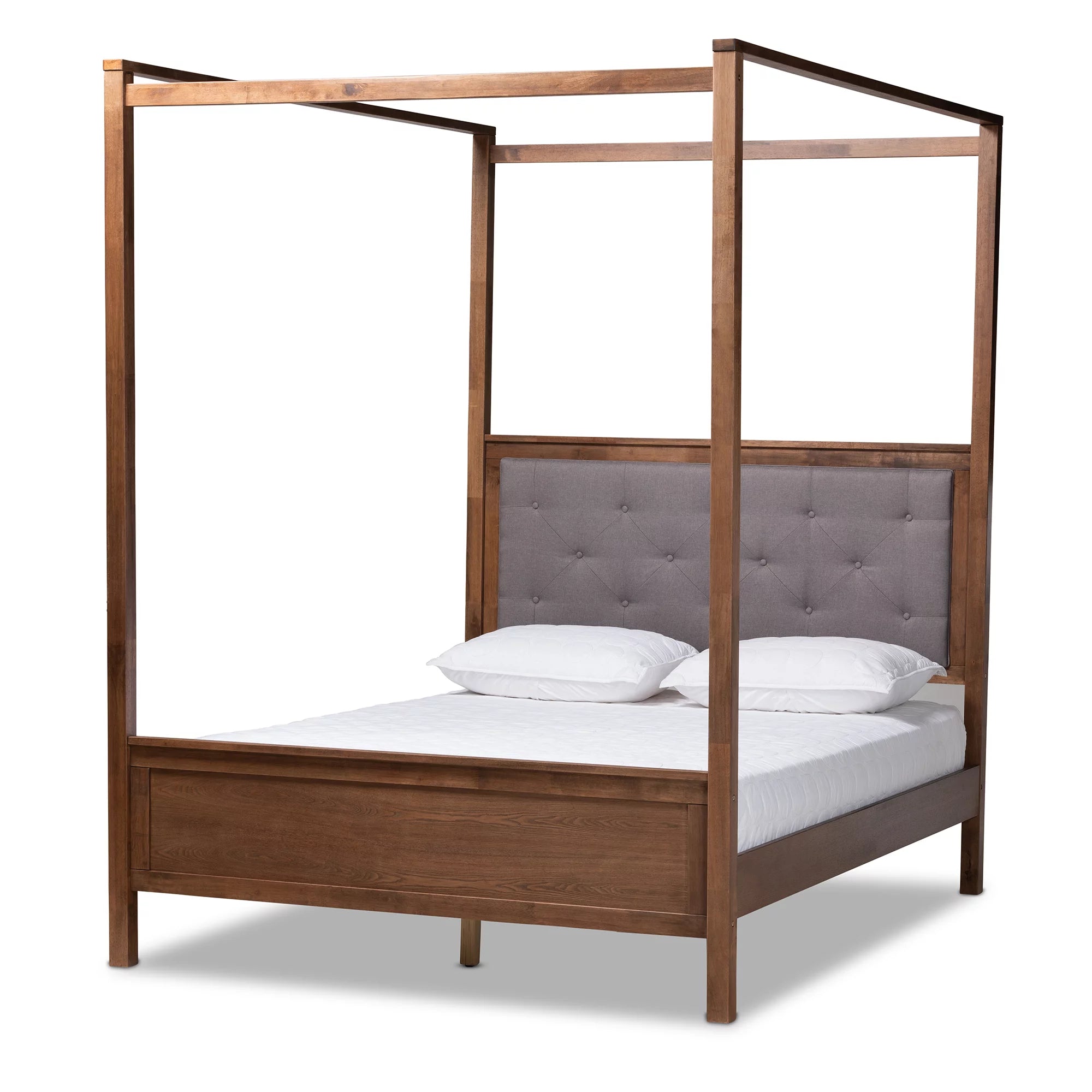 Queen Size Grey Fabric Upholstered Wood Platform Canopy Bed Y276