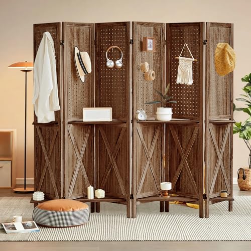 Brown Wooden Pegboard Room Divider with 16 Hooks B557