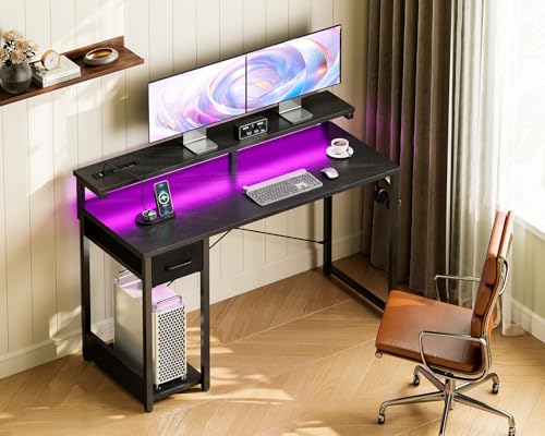 Black 48 Inch Gaming Desk with LED Lights, Power Outlet, Drawer, Monitor Shelf & Headphone Hook P47592