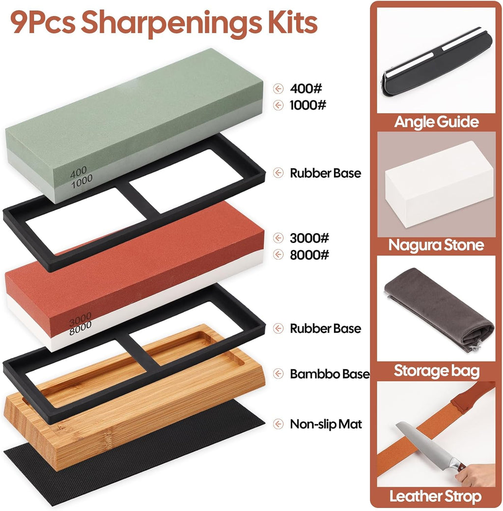 4 Side Grit 400/1000 3000/8000 Whetstone Sharpening Stone Set with Leather Strop N344