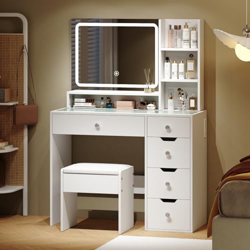 White Vanity Desk with Mirror and LED Lights, 5 Drawers, Stool T449769