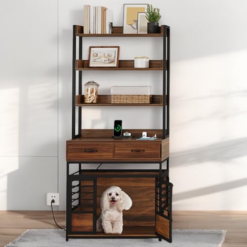 Rustic Brown Wooden Dog Crate with Storage Shelves and Double-Doors G749059