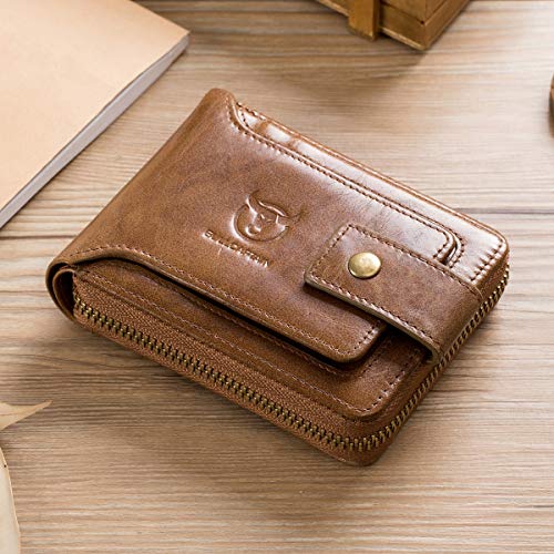 Genuine Leather Wallet with Zip Coin Pocket Coffee P2358