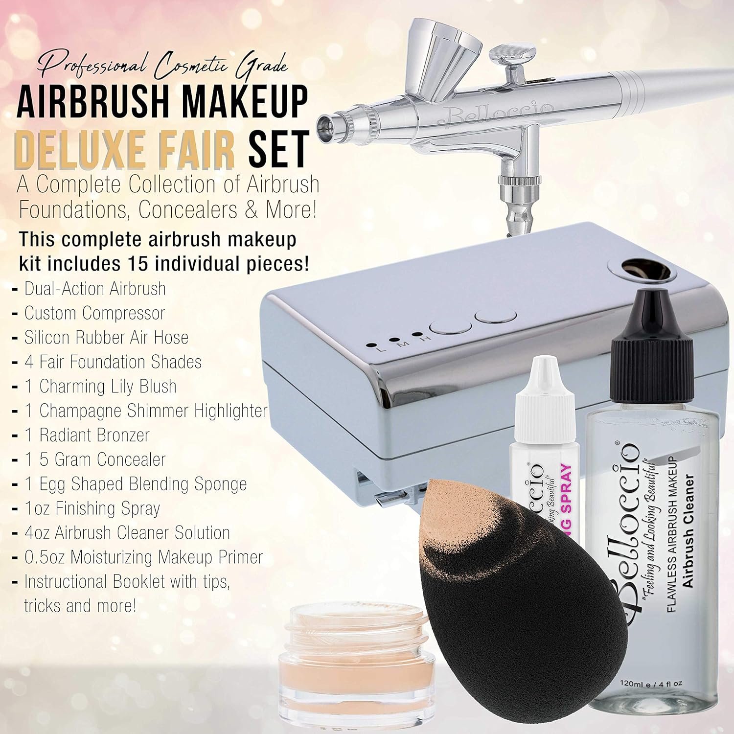 Professional Airbrush Makeup System with 4 Foundation Shades in 1/2 oz Bottles and Blush, Bronzer, Highlighters N738741