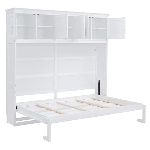 White Full Size Foldable Wall Bed with Storage Cabinet U5691