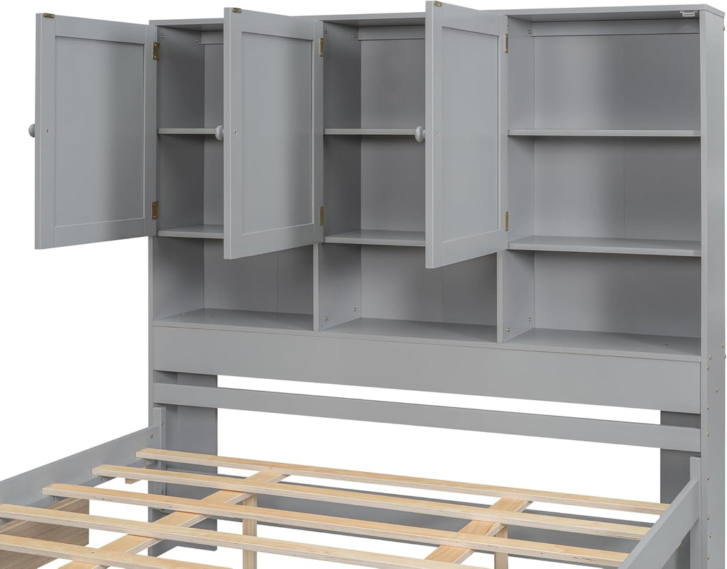 Gray Queen Size Wooden Platform Bedframe with Storage Headboard and 4 Drawers L31056