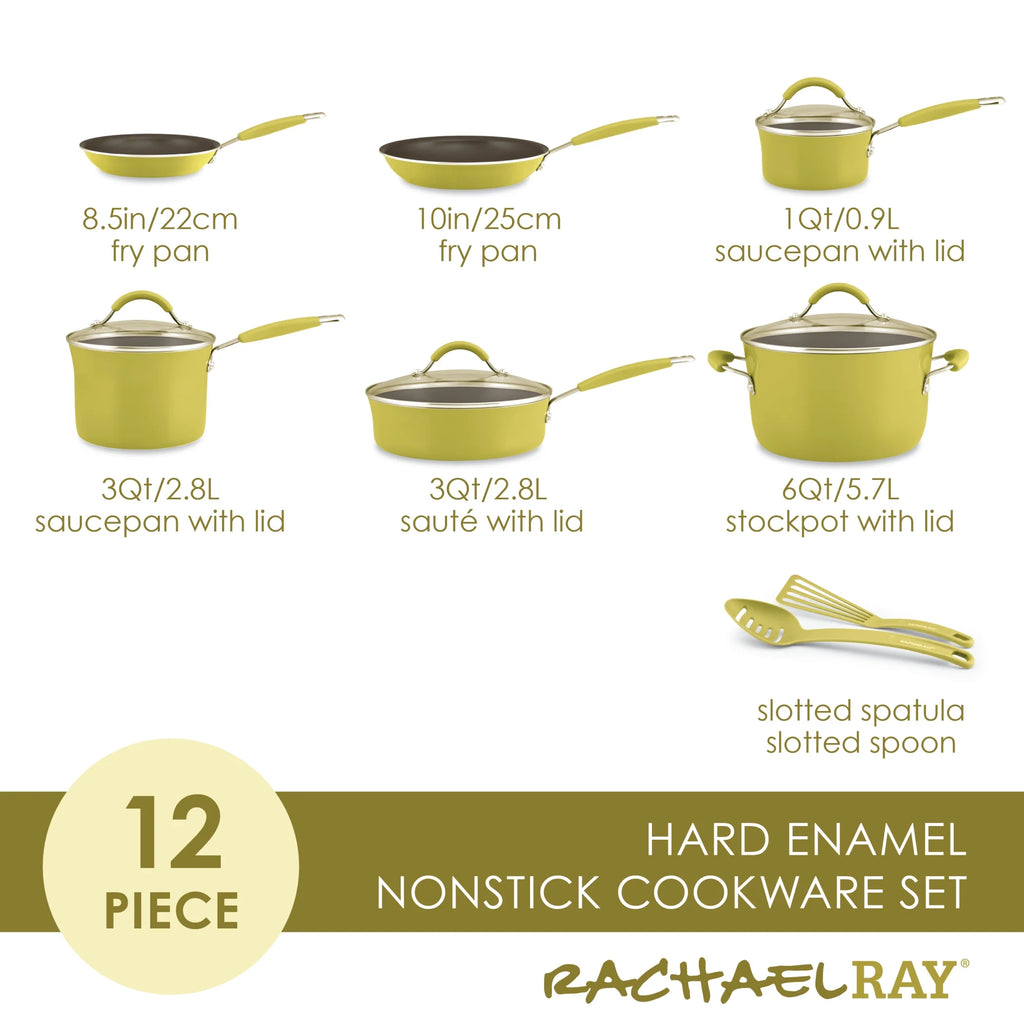 12 Piece Hard Porcelain Enamel Nonstick Pots and Pans, Lemongrass Green C816