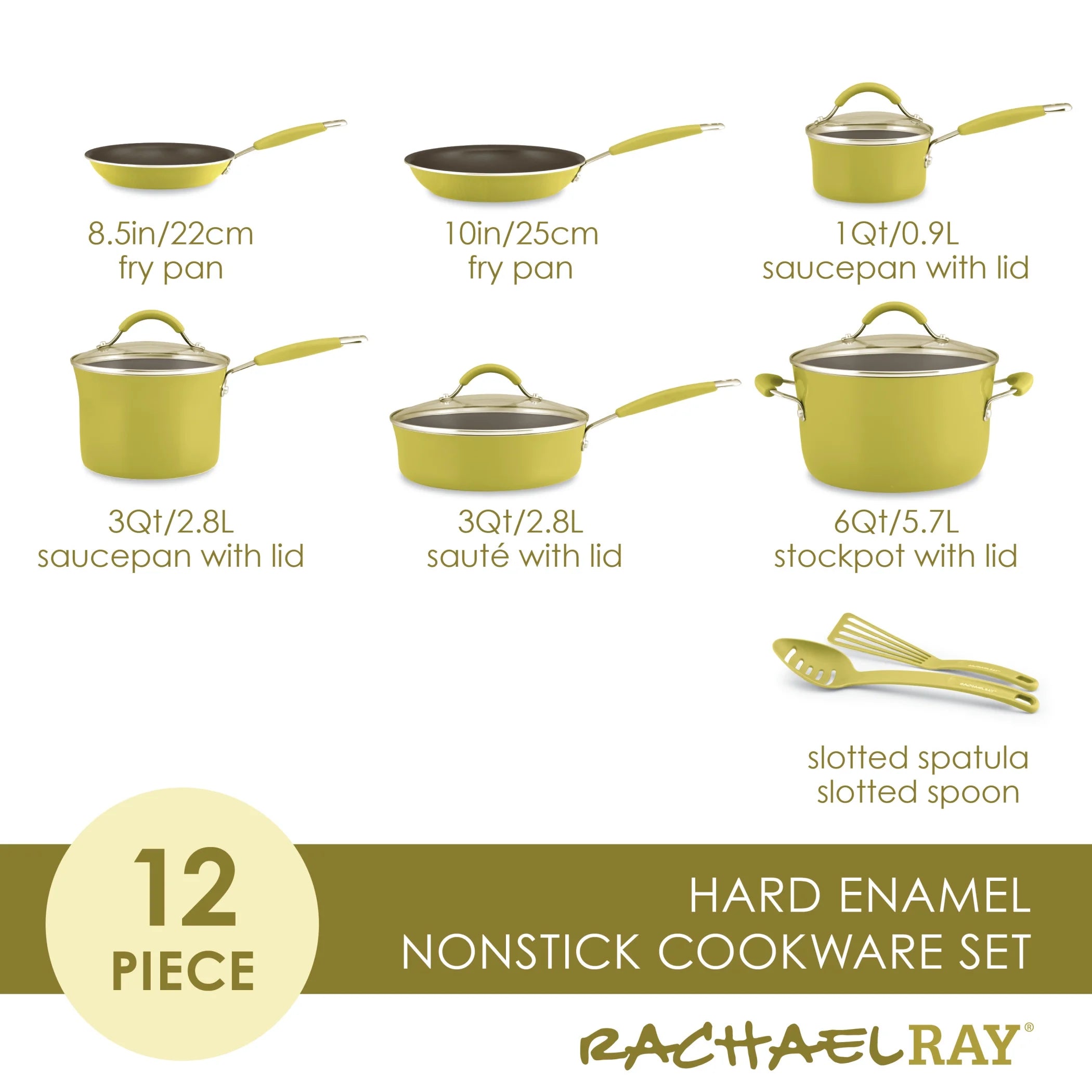 12 Piece Hard Porcelain Enamel Nonstick Pots and Pans, Lemongrass Green C816