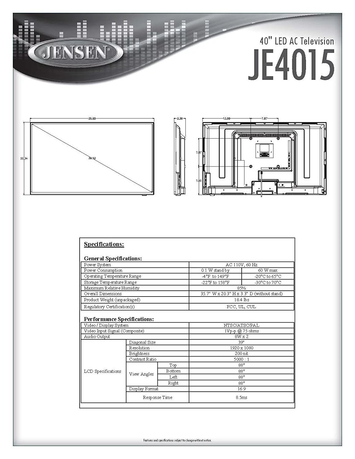 40" LED HDTV with Remote Control S44799