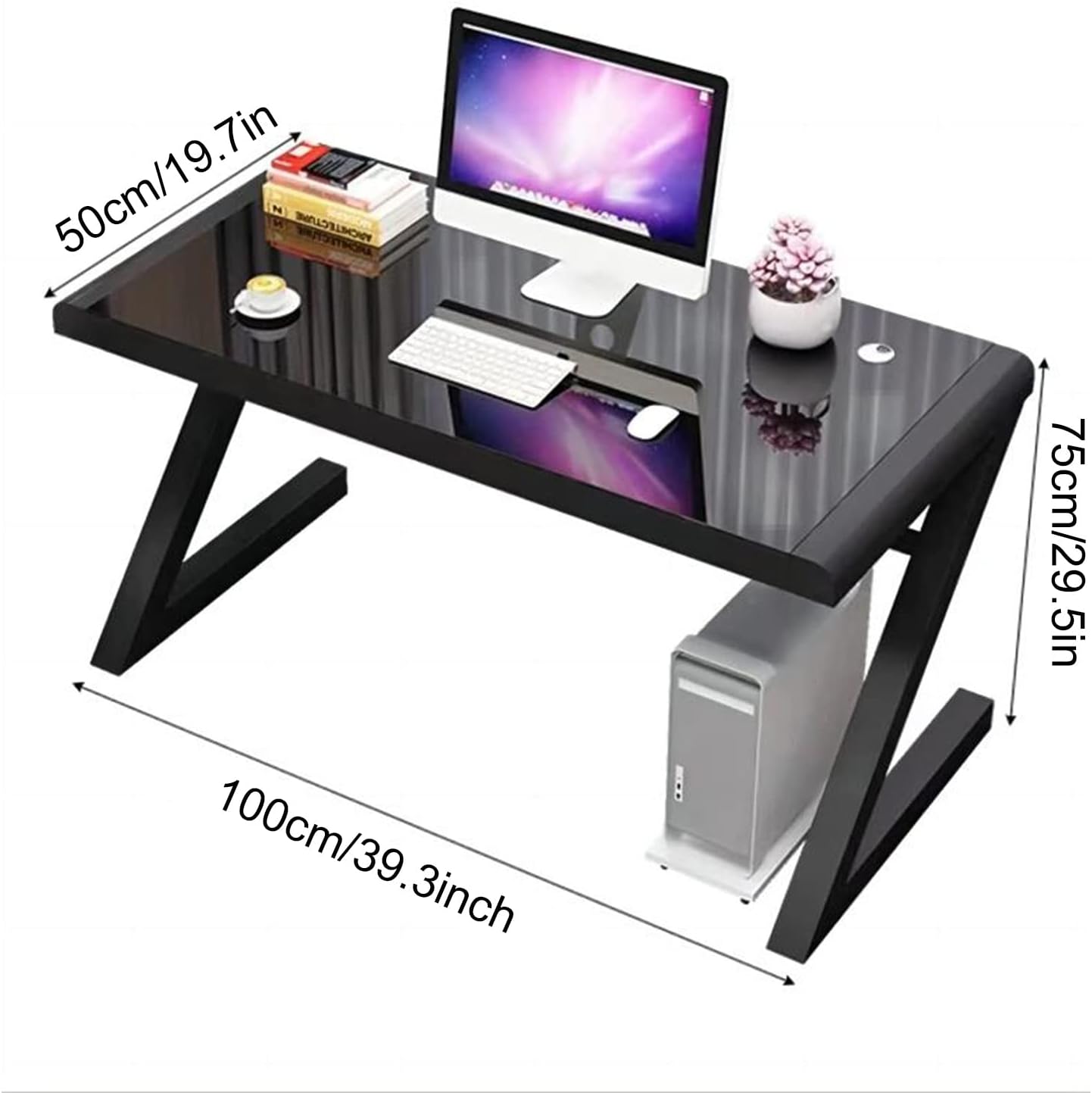 Black Tempered Glass Computer Desk with Threading Hole, 39.3 * 19.6'' Y622786