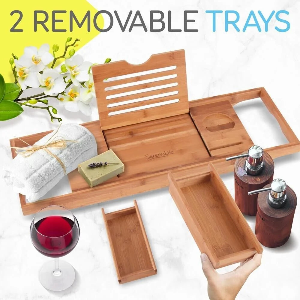 Natural Bamboo Bathtub Caddy with Adjustable Length J329