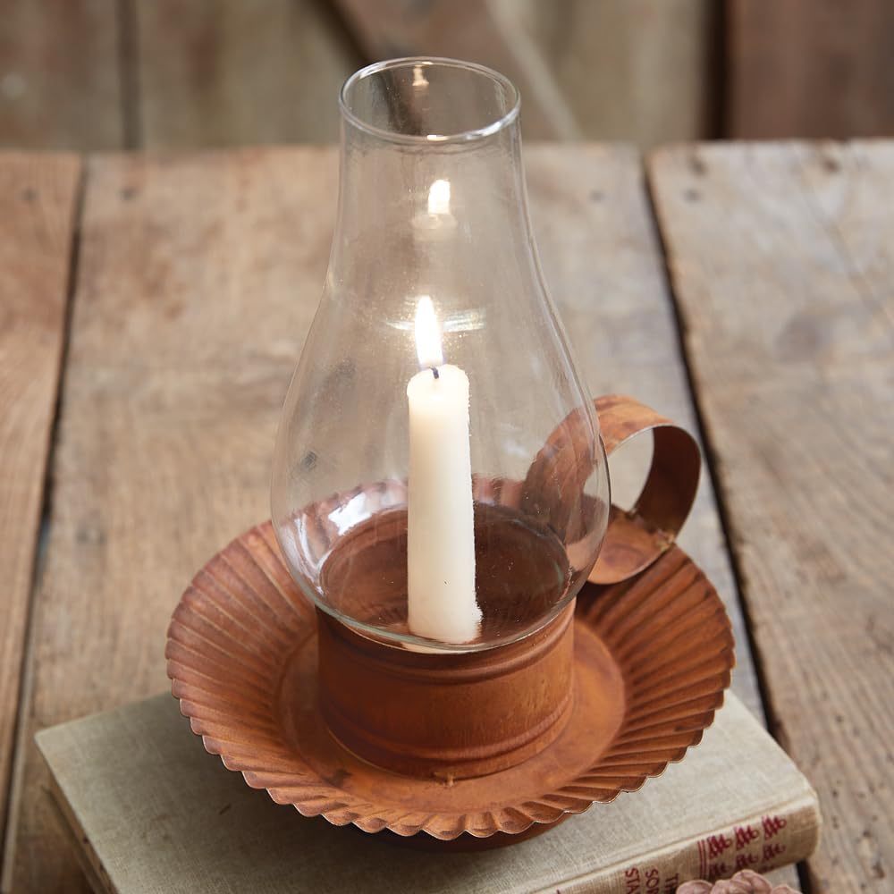 Rustic Chamberstick Candle Holder with Glass Hurricane, 9.25-inch Height S4072