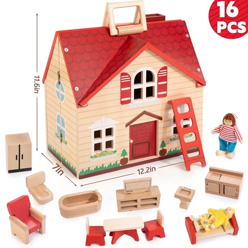 Foldable Wooden Dollhouse with 13pcs Furniture, 4 Rooms and 2 Flexible Dolls T5818