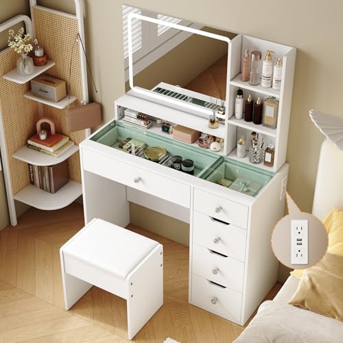 White Vanity Desk with Mirror and LED Lights, 5 Drawers, Stool T449769