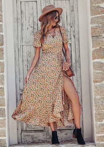 Women's Summer Wrap Maxi Dress Boho Floral V Neck Short Sleeve Ruffle Hem Split Beach Long Dresses M706792