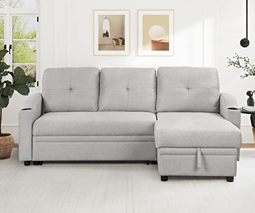 80.3" Linen Fabric Pull Out Sofa Bed with Storage Chaise Q51521