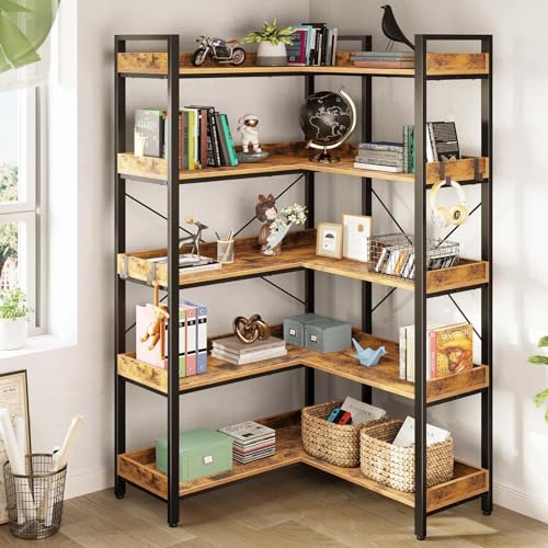 Rustic Brown 5 Tier Corner Bookshelf with Metal Frame B3218