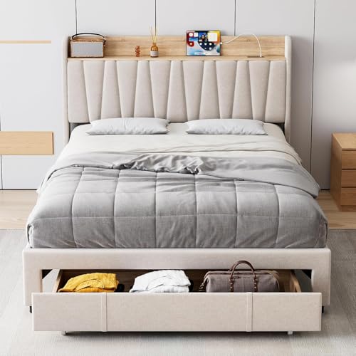 Beige Queen Size Upholstered Bed Frame with Drawers K2551