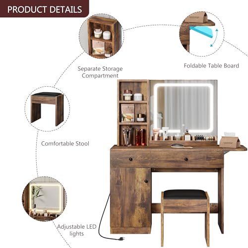White Vanity Desk with Mirror and Lights, 2 Drawers X42598