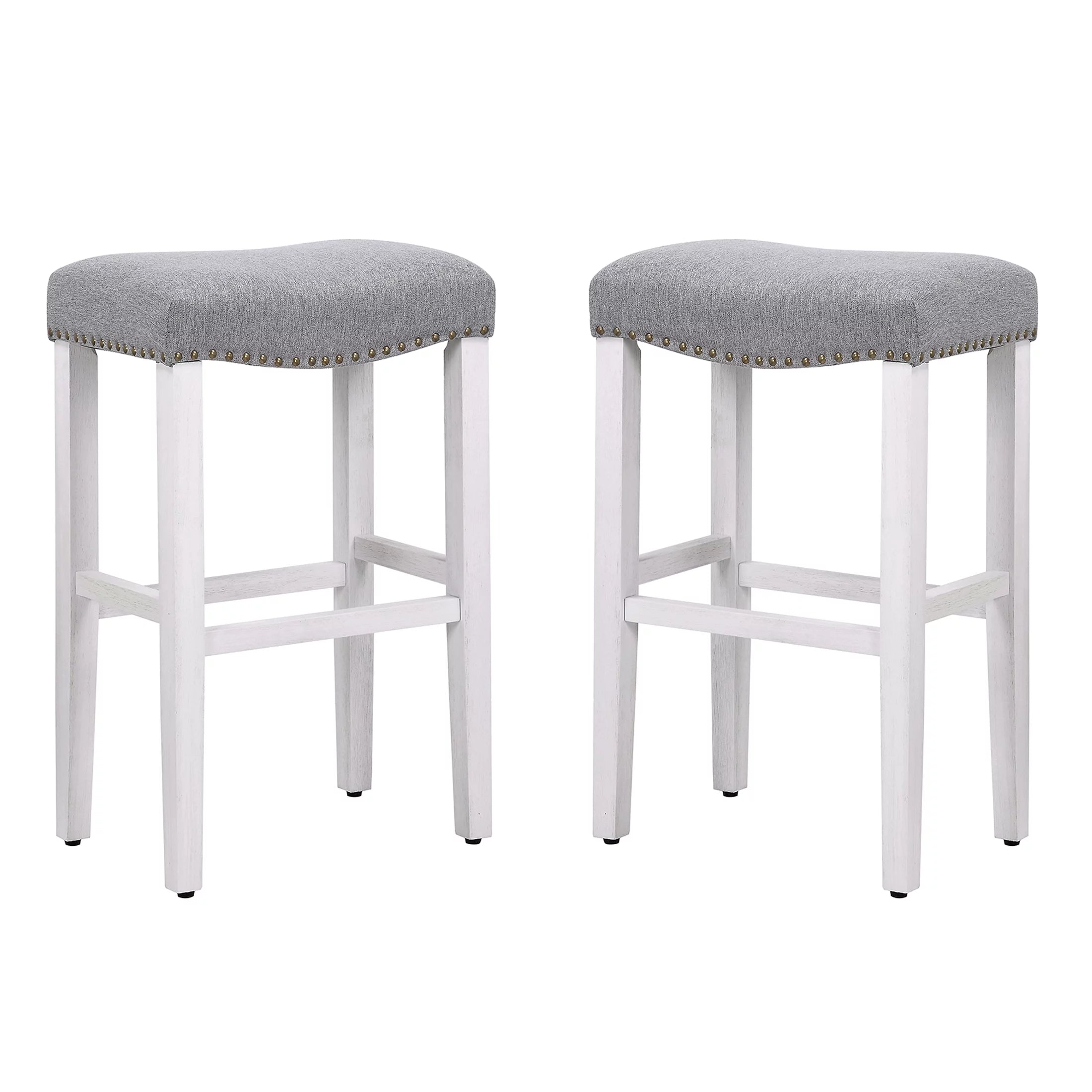 White Wooden Bar Stool Set of 2 with Gray Linen Cushion F5241
