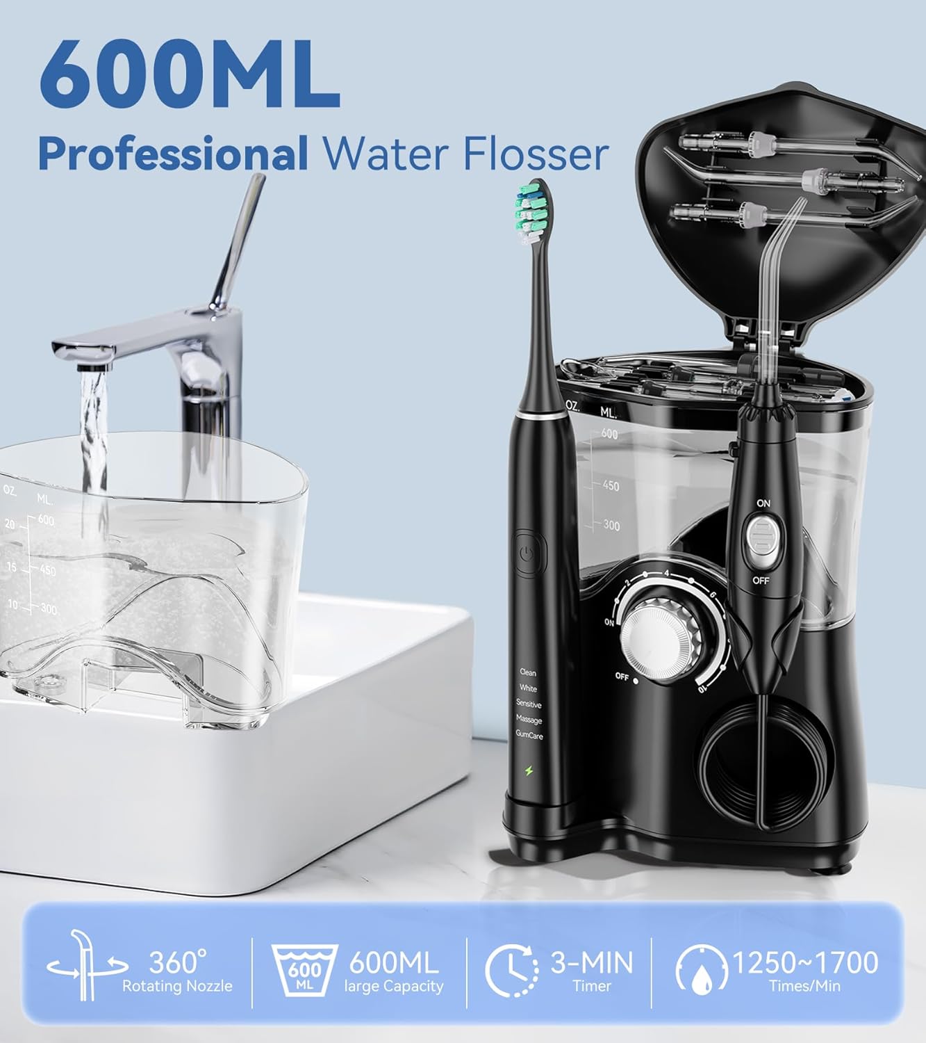 600ML Water Flosser with 7 Jet Tips, 10 Adjustable Water Pressure, 5 Toothbrush Heads Q7487