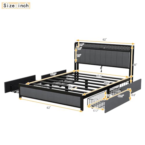 Dark Gray Queen Size Upholstered Platform Bed with 4 Storage Drawers T491351