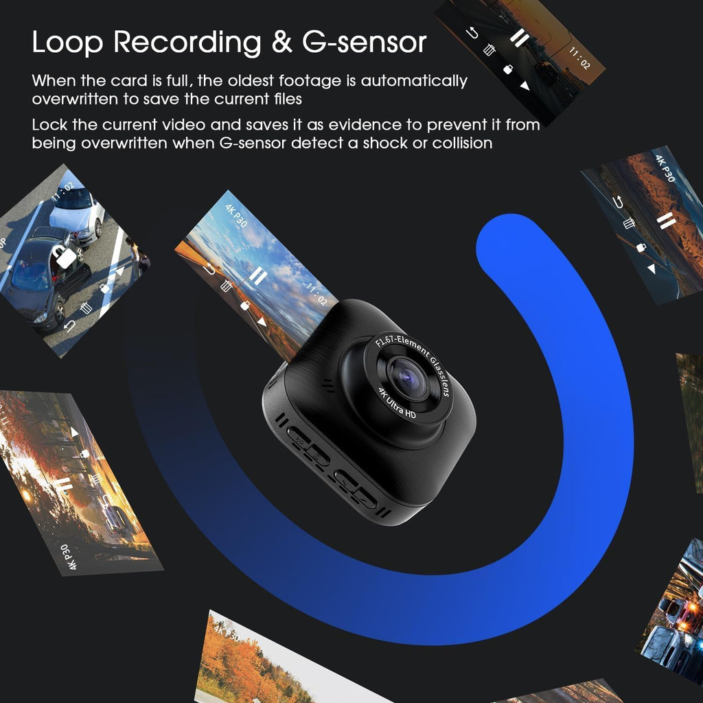 4K/1080P Wi-Fi Dual Dash Camera with IPS Screen, Night Vision, 170° Wide Angle R189