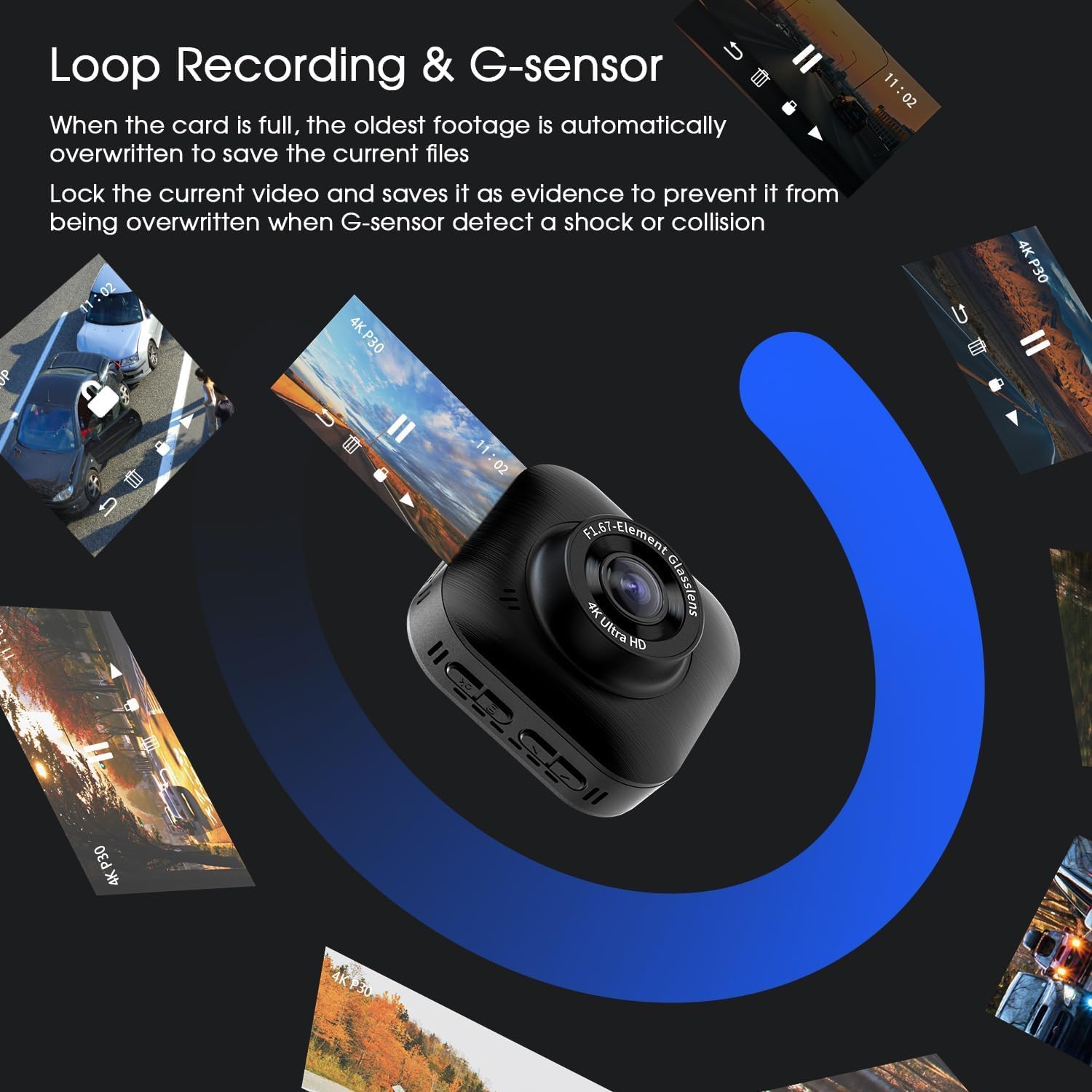 4K/1080P Wi-Fi Dual Dash Camera with IPS Screen, Night Vision, 170° Wide Angle R189