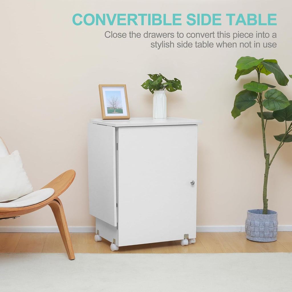 White Folding Sewing Table with 3 Storage Shelves and Lockable Casters V51131