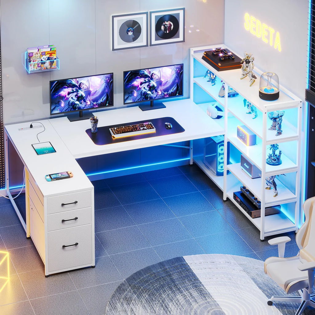 White L Shaped Computer Desk with Power Outlet and Storage Shelves T815744