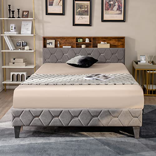 Queen Size Upholstered Platform Bed with Storage Shelves D8816
