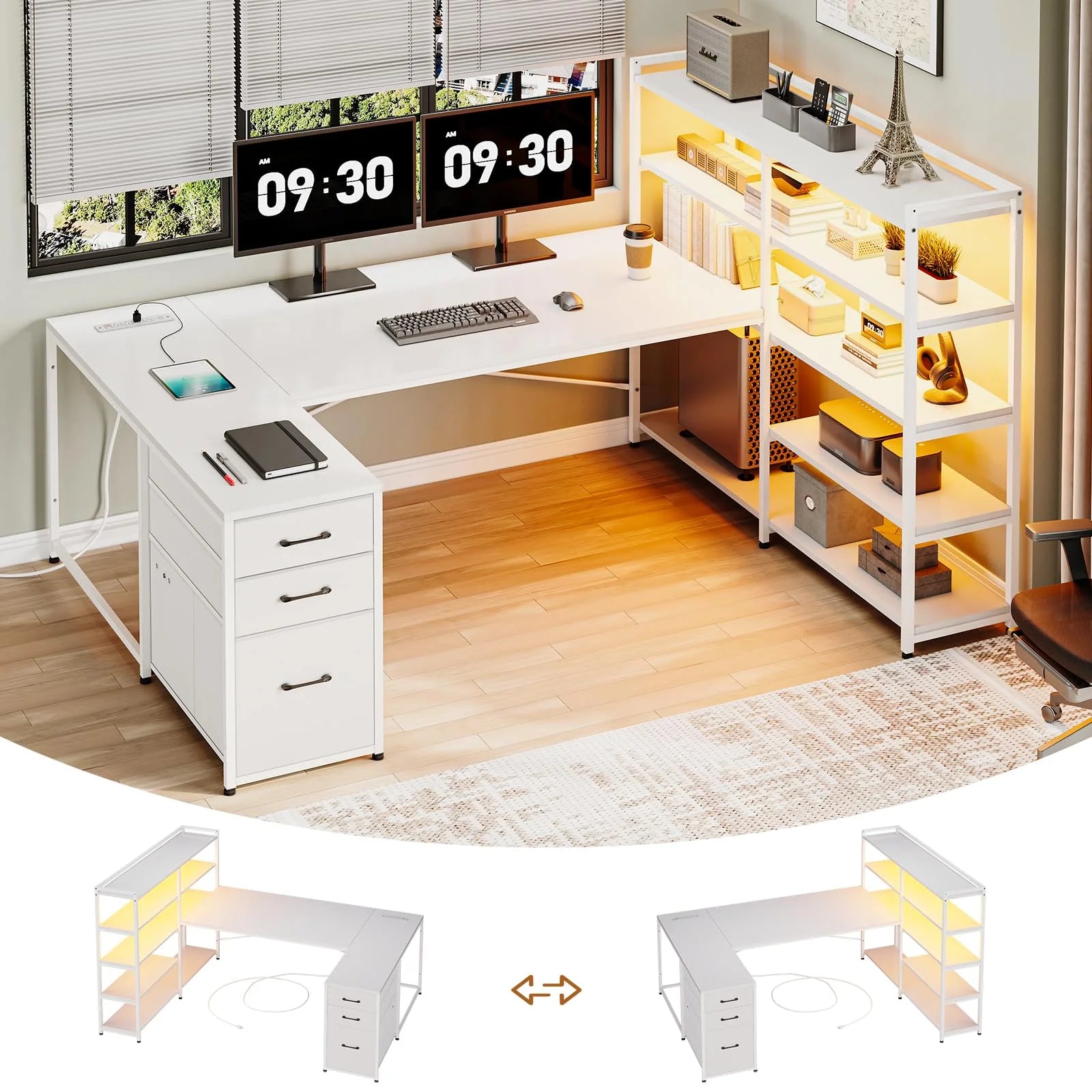 White L Shaped Computer Desk with Power Outlet and Storage Shelves T815744