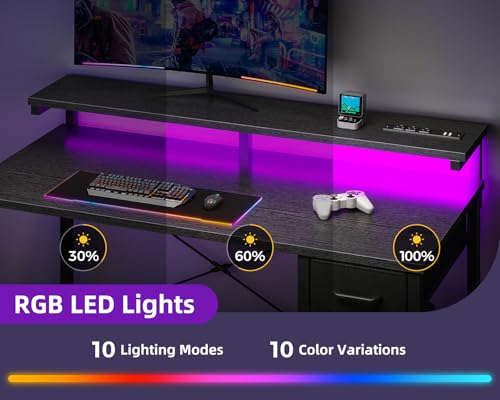 Black 48 Inch Gaming Desk with LED Lights, Power Outlet, Drawer, Monitor Shelf & Headphone Hook P47592