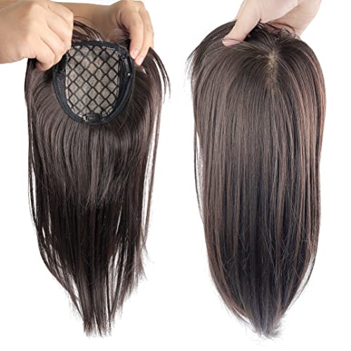 Black Brown Clip In Hair Topper With Bangs C4573