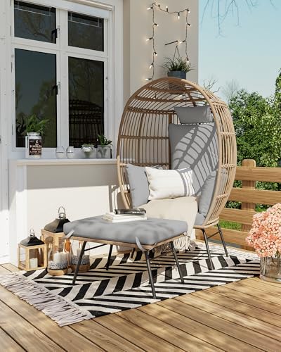 Grey Oversized Wicker Egg Chair with Ottoman H8173
