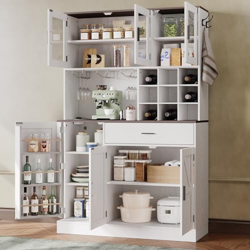 White Tall Kitchen Pantry Cabinet with Glass Doors and Adjustable Shelves P26221
