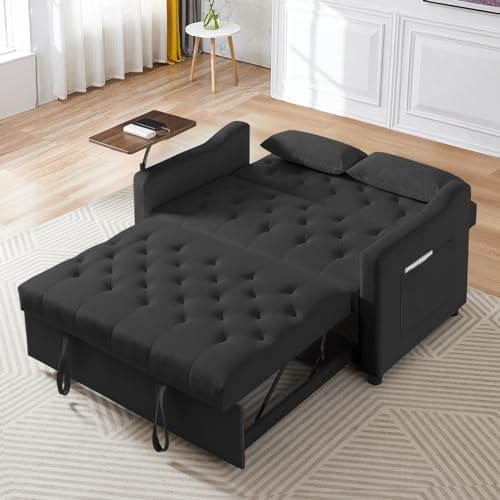 Grey Velvet Convertible Sleeper Sofa with Pull Out Bed S3382