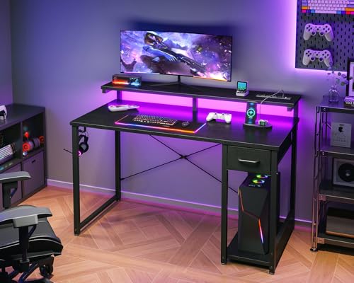 Black 48 Inch Gaming Desk with LED Lights, Power Outlet, Drawer, Monitor Shelf & Headphone Hook P47592