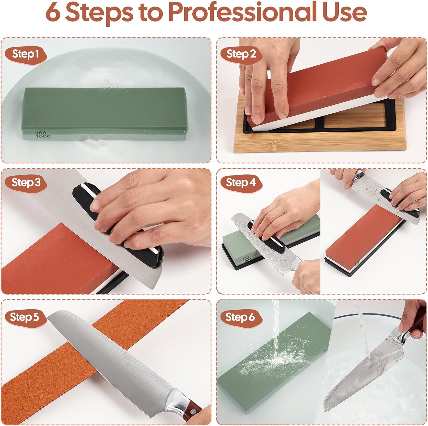 4 Side Grit 400/1000 3000/8000 Whetstone Sharpening Stone Set with Leather Strop N344