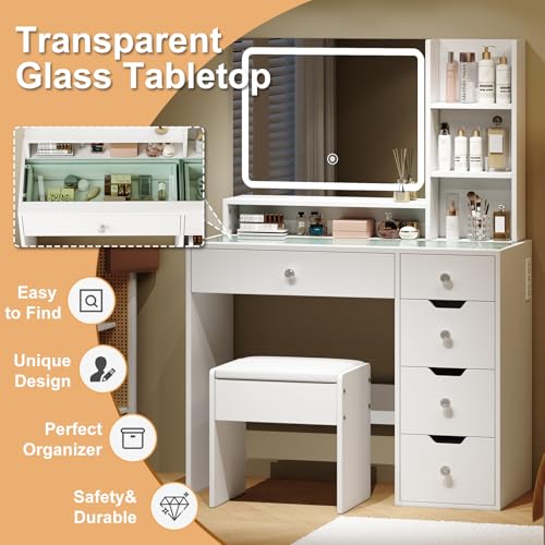 White Vanity Desk with Mirror and LED Lights, 5 Drawers, Stool T449769